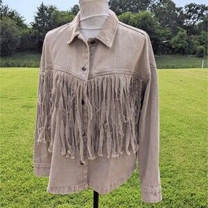 Denim Western Boho Hippie Fringe Light Wash Taupe Jean Jacket Size M
